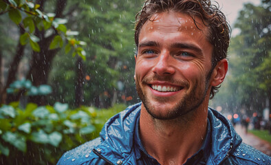 Poster - Man with a beard and a blue jacket is smiling in the rain. He is wearing a blue jacket and has a beard