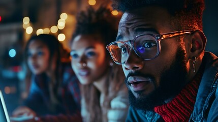 Programmers working late at night on computer project, feeling surprised
