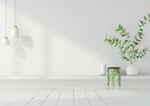 Minimalist white room with a plant and hanging lights on the wall