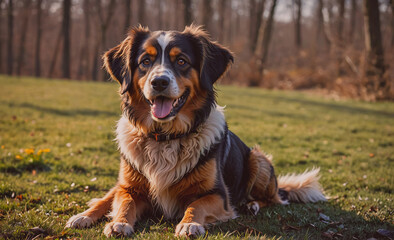 Poster - Brown and black dog is laying on the grass. It has a black collar around its neck