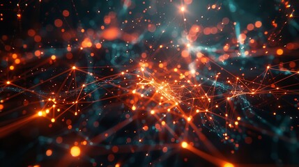 Poster - Abstract tech background with illuminated fiber optic connections, quantum computing network system.
