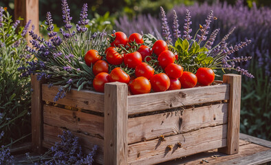 Poster - Wooden crate filled with tomatoes and lavender. The crate is on a table. There are many tomatoes in the crate