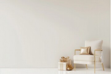 Wall Mural - A white armchair with gold accents sits in a minimalist white room with wrapped gifts in front of a blank wall