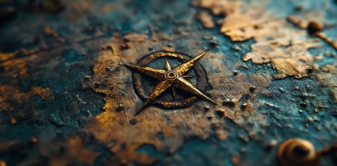 Poster - A close-up of a weathered compass rose on a textured surface, symbolizing navigation and exploration.