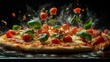 © Ummeya - Fresh pizza ingredients including tomatoes and cheese flying mid-air in a creative food concept.