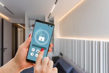 Poster - smart phone with smart home and modern room