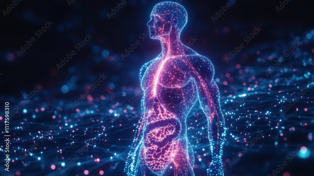 Glowing human body anatomy in neon colors highlighting futuristic ...
