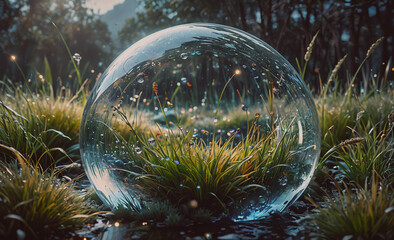 Poster - Clear glass ball with grass inside of it. The grass is green and the ball is in a field