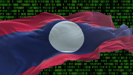 Laos flag - 3D realistic waving flag on matrix digital background with binary code