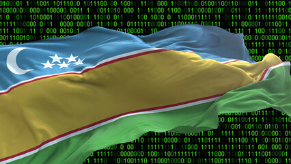 Karakalpakstan flag - 3D realistic waving flag on matrix digital background with binary code