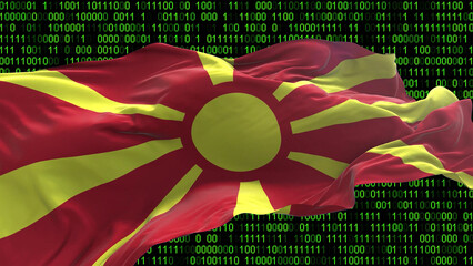 Macedonia flag - 3D realistic waving flag on matrix digital background with binary code