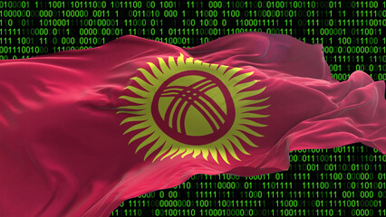 Kyrgyzstan flag - 3D realistic waving flag on matrix digital background with binary code