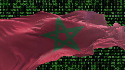Morocco flag - 3D realistic waving flag on matrix digital background with binary code