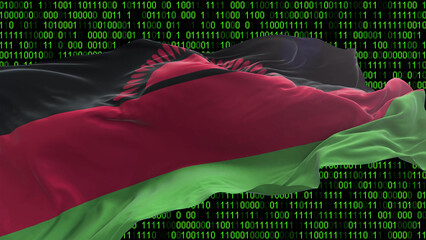 Malawi flag - 3D realistic waving flag on matrix digital background with binary code