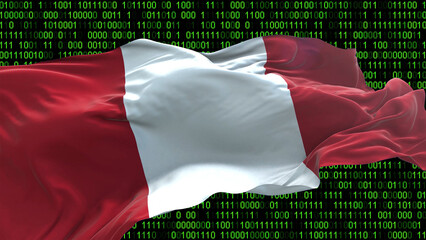 Peru flag - 3D realistic waving flag on matrix digital background with binary code