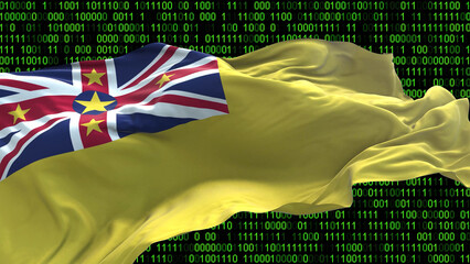 Niue flag - 3D realistic waving flag on matrix digital background with binary code