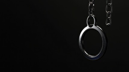 Poster - A stunning metal ring hangs gracefully from a thin chain, illuminated by soft lighting that accentuates its sleek surface. The dark backdrop enhances its classic allure and craftsmanship