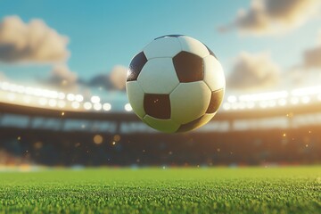 A soccer ball hovers above a lush green field in a stadium setting.