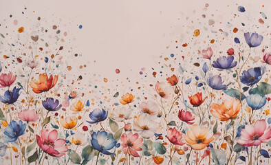 Poster - Painting of a field of flowers with a white background. The flowers are in various colors and sizes