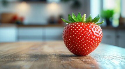 Wall Mural - Modern and simple kitchen backdrop, big strawberry on the table, with white cabinets and wooden counter, softly blurred for a stylish presentation