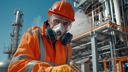 Poster - A man in an orange safety suit is wearing a gas mask