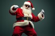 © andreiko - Cool Santa Claus in Black Sunglasses Strikes Awesome Pose at Epic Christmas Party. Cinematic Lighting Illuminates Jolly Saint Nick Making Hip Hand Gestures for Festive Holiday Celebration