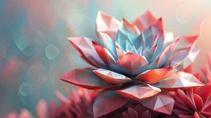 Low-poly succulent flower in red and blue hues, soft bokeh background.