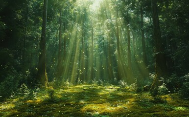 Sunlight Filtering Through Dense Forest Trees Creating an Enchanting Atmosphere in a Lush Woodland Scene with Soft Green Underbrush and Radiant Light Beams