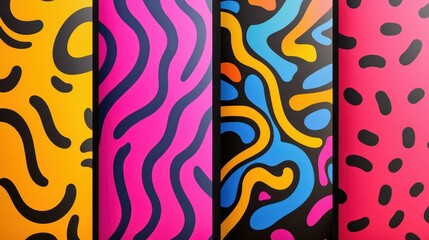 Poster - Four colorful, abstract patterns with organic shapes and lines, creating a dynamic and playful visual