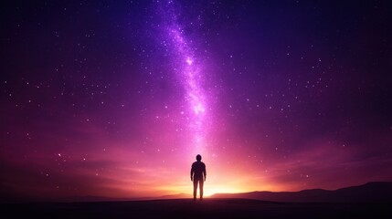 Wall Mural - silhouette of a person standing on a hill, gazing up at a vibrant, star-filled night sky with a prom