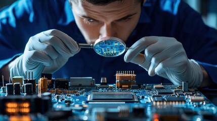 Aufkleber - Electrical engineer examining a circuit board with a magnifying glass in a well-lit lab