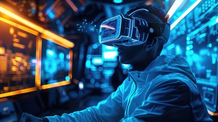 Aufkleber - A tech-savvy man wearing VR goggles in a sci-fi-inspired room, surrounded by holographic technology and glowing neon blue lights.