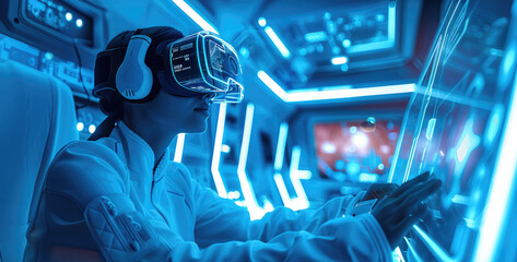 Poster - A tech-savvy man wearing VR goggles in a sci-fi-inspired room, surrounded by holographic technology and glowing neon blue lights.