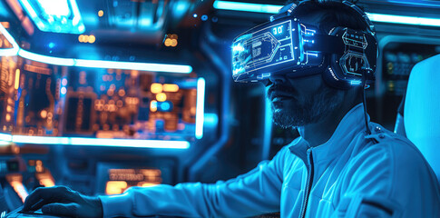Poster - A tech-savvy man wearing VR goggles in a sci-fi-inspired room, surrounded by holographic technology and glowing neon blue lights.