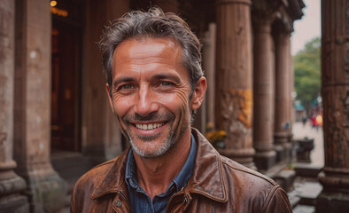Poster - Man wearing a brown jacket and blue jeans is smiling. He is standing in front of a building