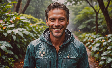 Aufkleber - Man is smiling in the rain. He is wearing a green jacket. The jacket is wet