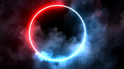 Poster - Neon Light Ring Surrounded by Vibrant Red and Blue Smoke on a Dark Background