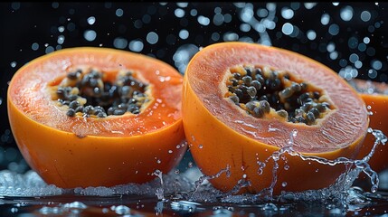 Poster - Papayas and water splashing together, water droplets, black background.