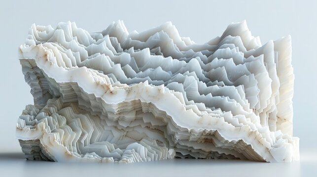 Stunning 3D abstract geometric sculpture with marble crystalline and icy textures  A futuristic digital render featuring a complex multi layered surface with striking patterns and forms