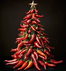 Poster - A Christmas tree made of chili peppers. black background.