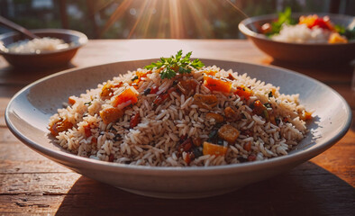 Poster - A plate of rice with vegetables and meat on top. The rice is white and the vegetables are green