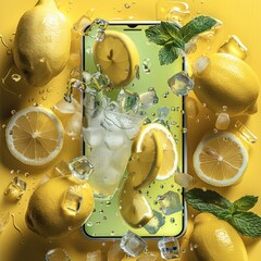 Poster - Smartphone with green screen in to a lemonade with a lot of lemons and lemon slices, peppermint herbs and ice cubes.