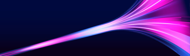 Fototapete - Neon color glowing lines background, high-speed light trails effect. Long exposure of motorways as speed. Neon spiral lines in yellow blue and purple colors.	