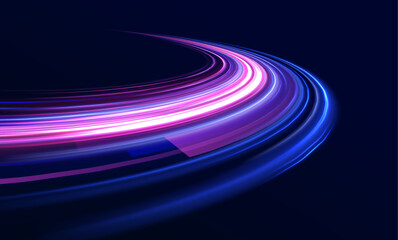 Fototapete - Vibrant neon waves on dark backdrop, ideal for modern design projects. Neon color glowing lines. Electric car and city concept Hitech communication concept innovation background, vector design.	