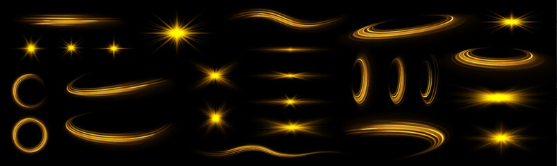 Fototapete - A large set of light effects in the form of flashes, glare, light dust, sun and yellow stars, winding stripes, neon circles and speed lines. Gold light spiral effect. Glittering wavy trail.	