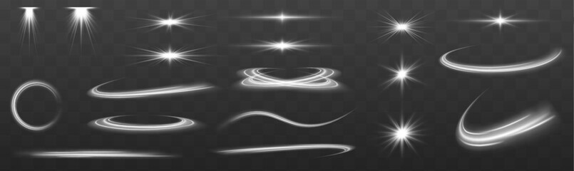 Fototapete - Light effect, star, flare, sparkle set. Realistic set of snow storm or wind swirls isolated on transparent background. Dynamic white trail, fire path trace line, car lights, optic fiber.