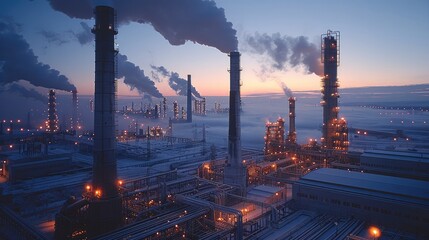 Fototapete - An industrial landscape at dusk, featuring a large power plant complex. multiple tall chimneys and cooling towers.