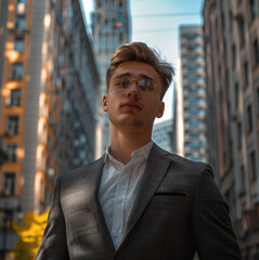 Poster - A young man in a suit against the background of a high-rise building.