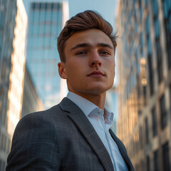 Poster - A young man in a suit against the background of a high-rise building.