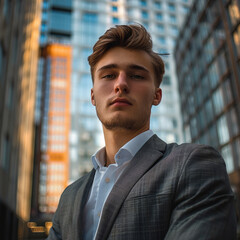 Poster - A young man in a suit against the background of a high-rise building.